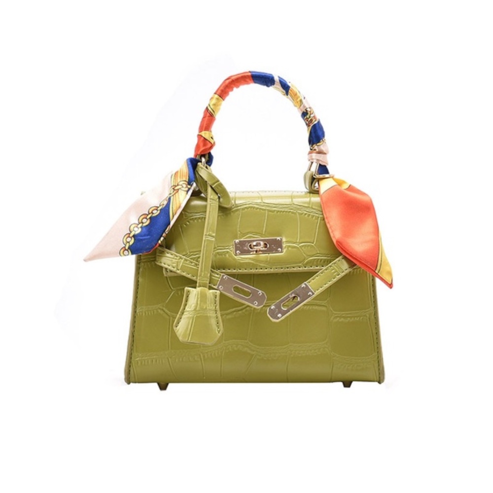 Chic Croc Embossed Faux Leather Mini Handbag w/ Strap & Twilly Scarf